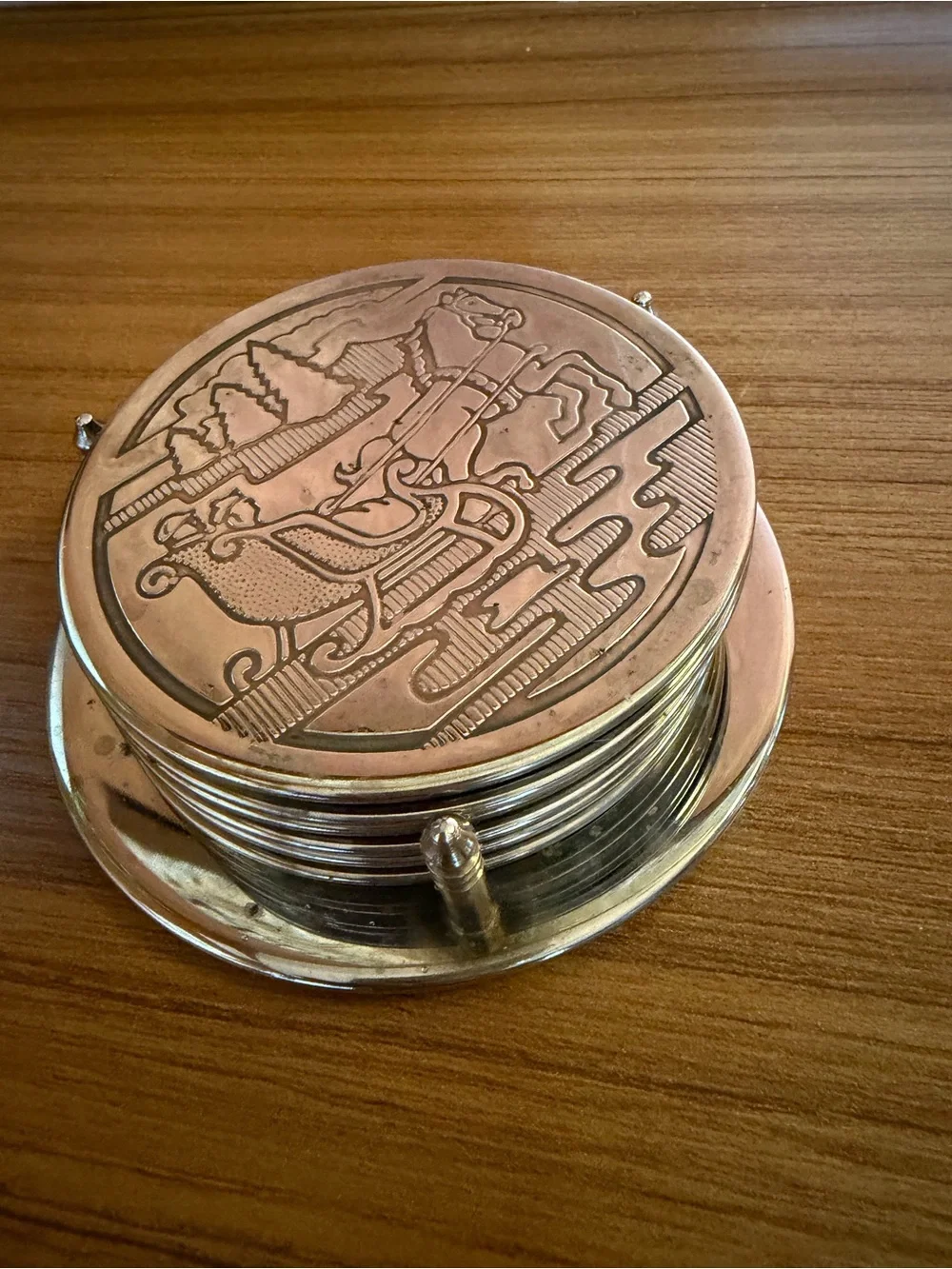 Vtg Christmas Silver Plated Coaster Set 6 Holder Sleigh Winter Holiday Vintage